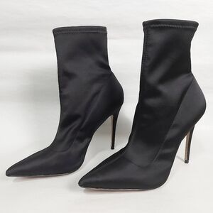 Aldo Black Satin Sock Booties Size 9 Pull-on Ankle High Stiletto Heel Pointy Toe